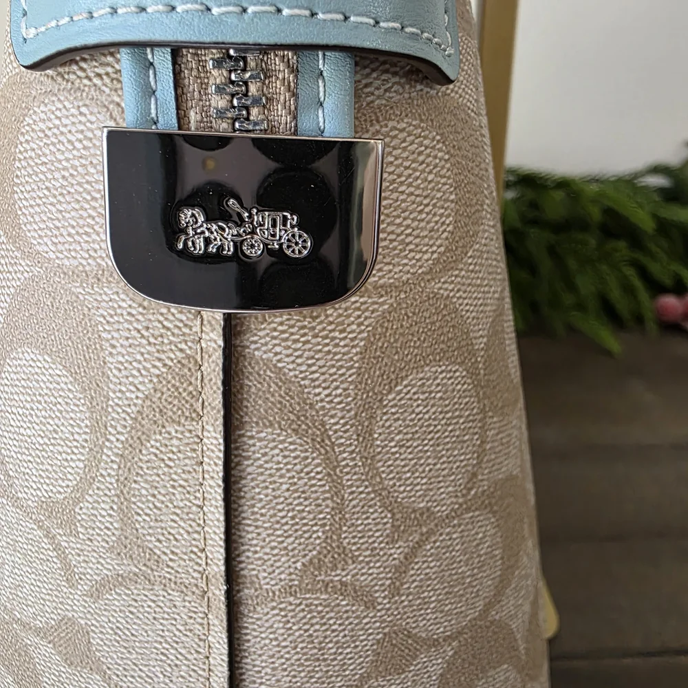 Coach Emma Satchel Crossbody Signature Coated Canvas Light Blue Leather Accents - Picture 7 of 15